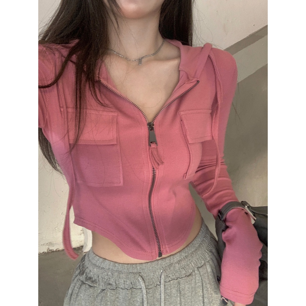 Red Pure desire hot girl slim irregular zipper short bottoming shirt female 2023 spring new design sense niche top