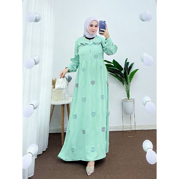 Gamis Sarafina Maxi Dress Kain Crinkle Pompom Timbul Tali Samping