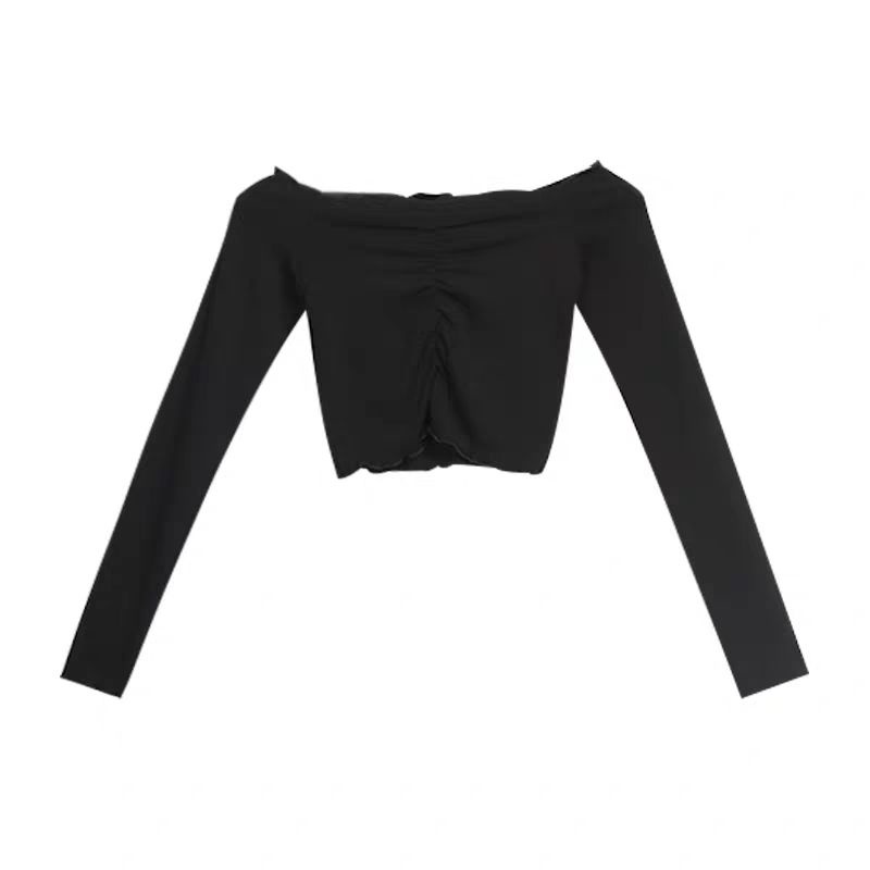 Red 2023 Baru Super Api In Jamur Sisi Kerah Off-Shoulder Pendek Lengan Panjang Top Slim Fit Tipis bocor Pusar T-shirt