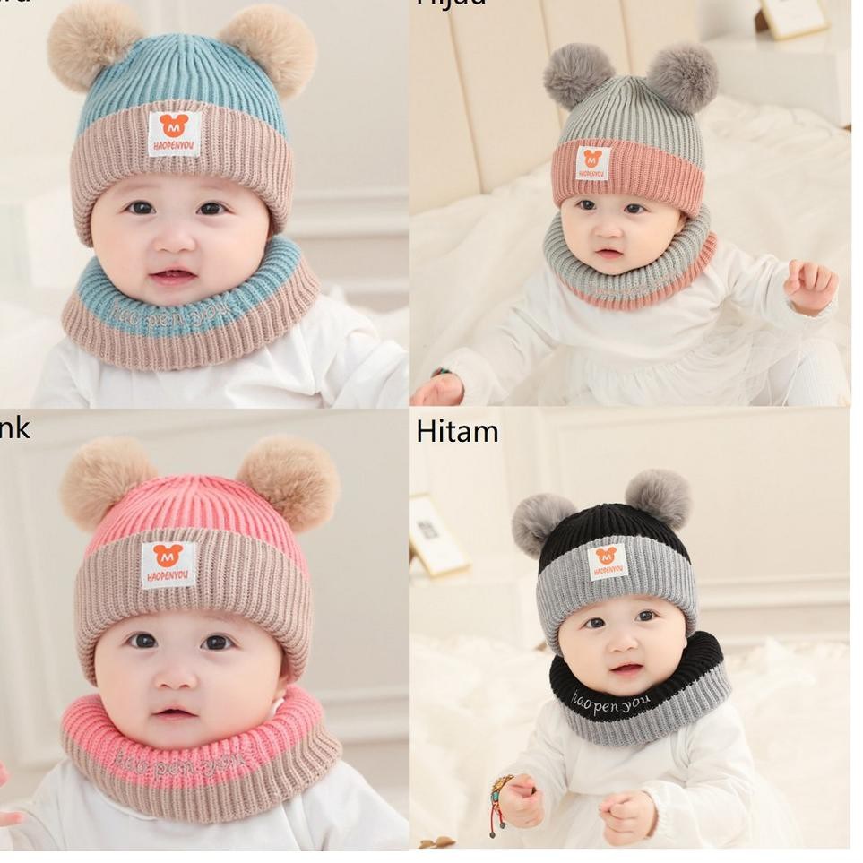 TOPI BAYI KUPLUK POMPOM RAJUT / TOPI BAYI 2 WARNA