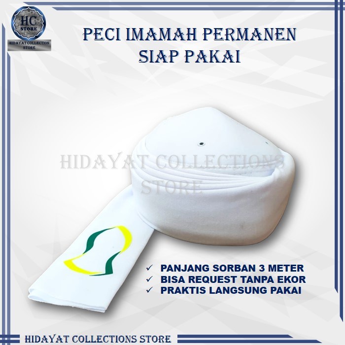 Peci Imamah Permanen Imamah Permanen Instan Siap pakai Imamah 3 Meter - Putih, 1 (N7R8) Kopiah Mesir