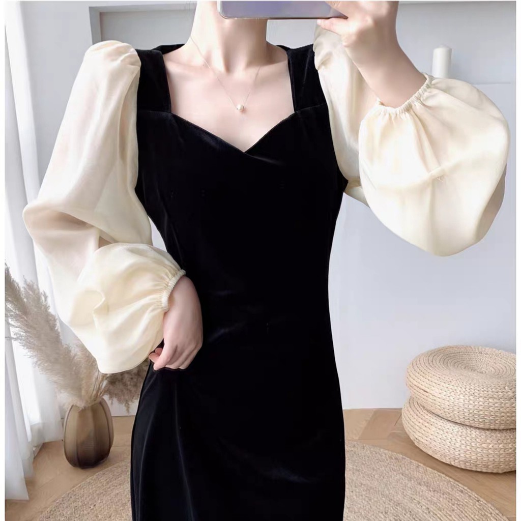 Fashion baju Maxi dress dres gaya cewek Korea lengan panjang balon bahan Velvet mewah