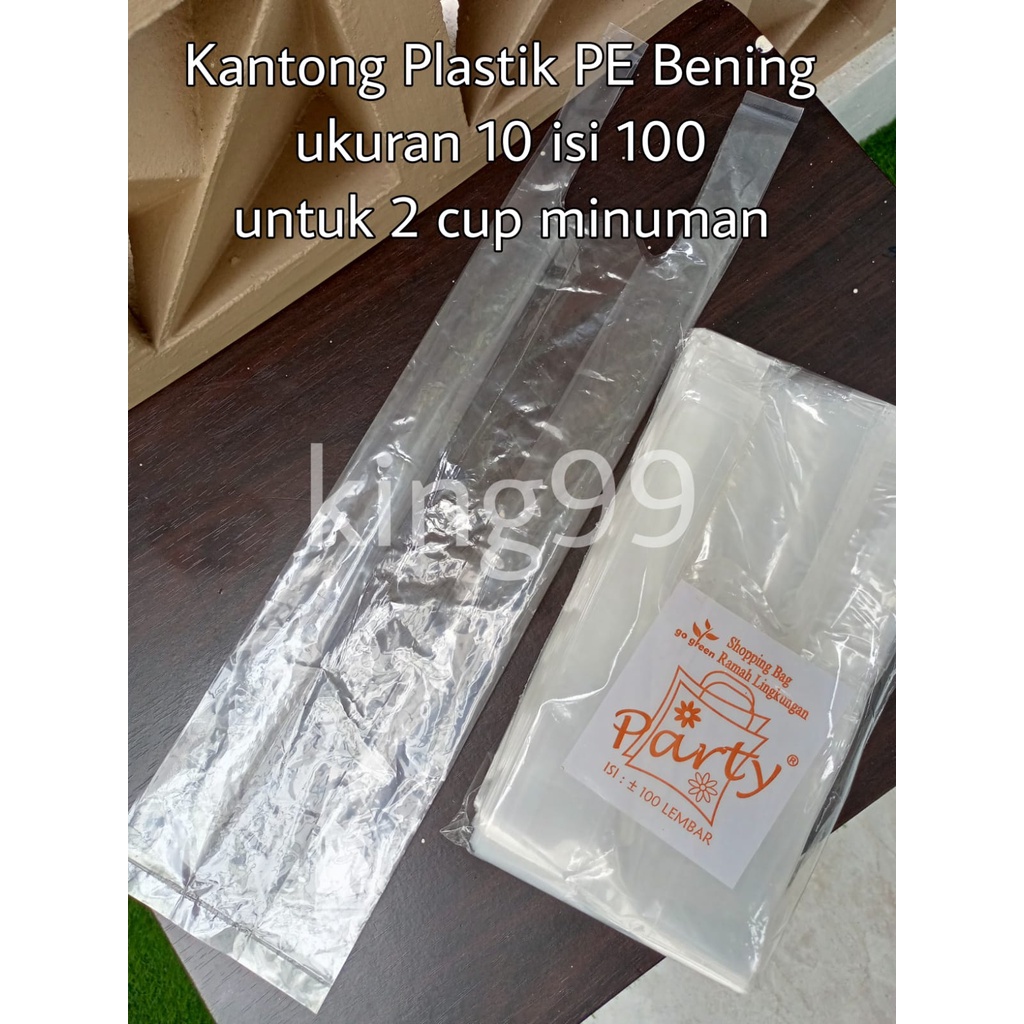 ( isi 100 ) kantong plastik minuman kresek PE bening transparan untuk 2 cup toples 1000ml ukuran 10 