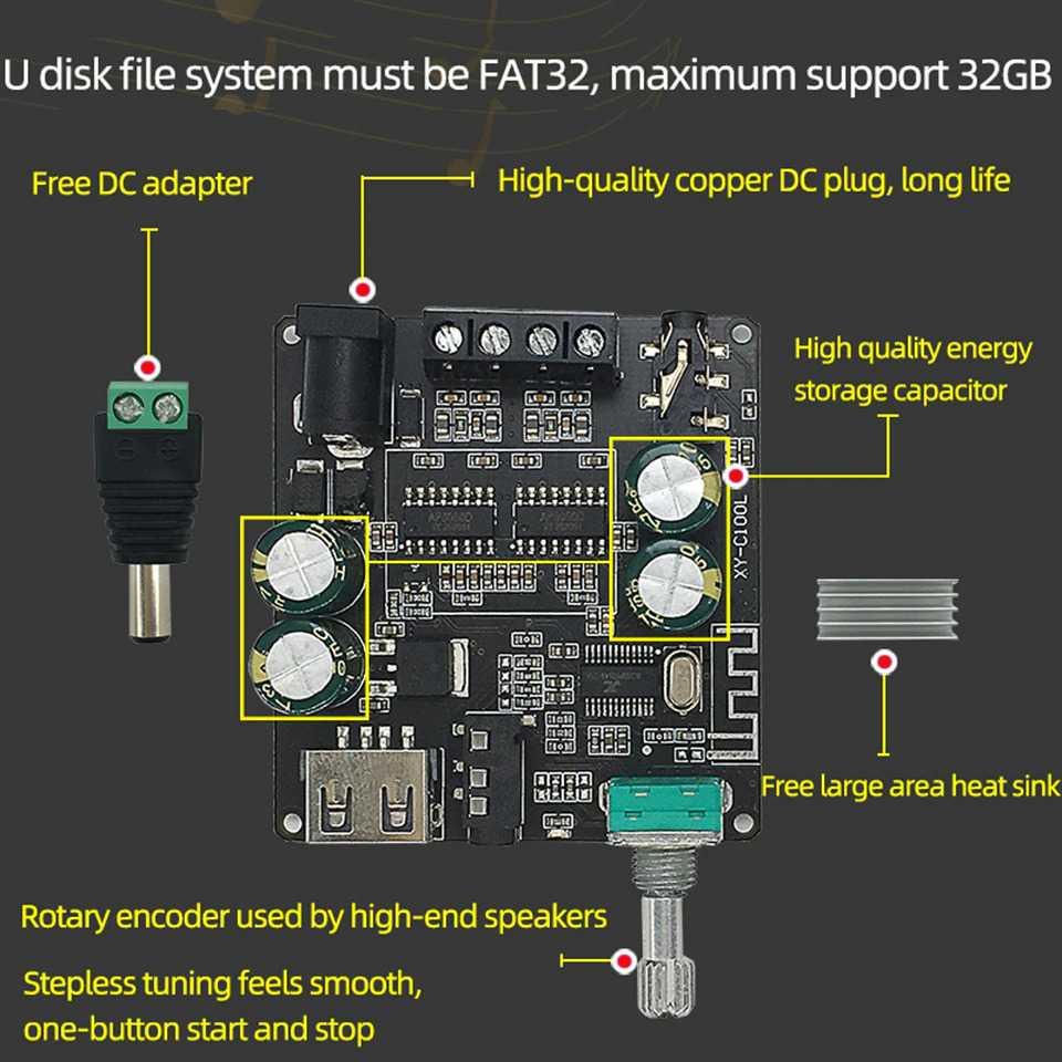 Audio Amplifier Bluetooth 5.0 Class D 2x100W - XY-C100L - Black