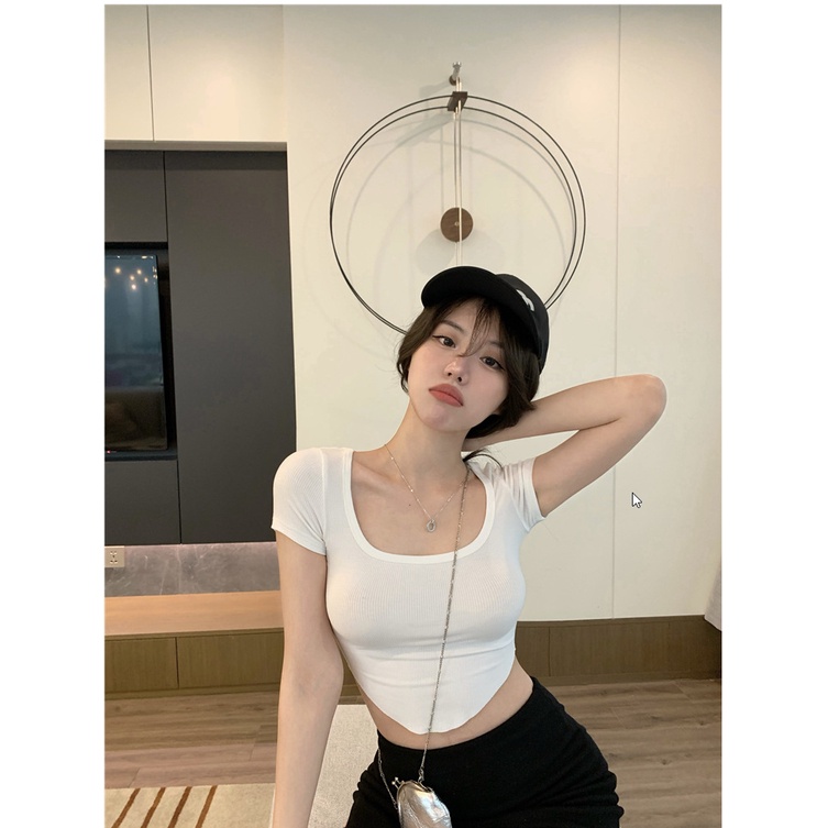 GirlWish Fashion Korean Sexy Crop Top U-Neck Kaos Atasan Sexy Crop Wanita 445