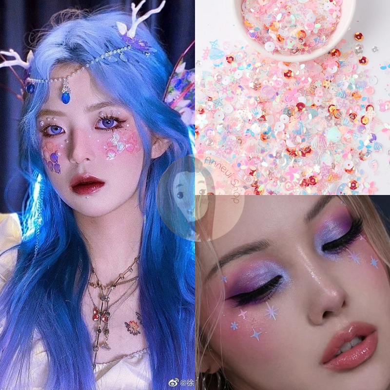 100 pcs Mixed Hollow Star Heart Flower Glitter Sequins Nail Art Manik-manik Kuku Wajah Craft Kosmetik Hiasan Kuku Eye Korean Make Up Handphone Decorations Wedding Party Cosplay Beads Pastel Color Warna Warni