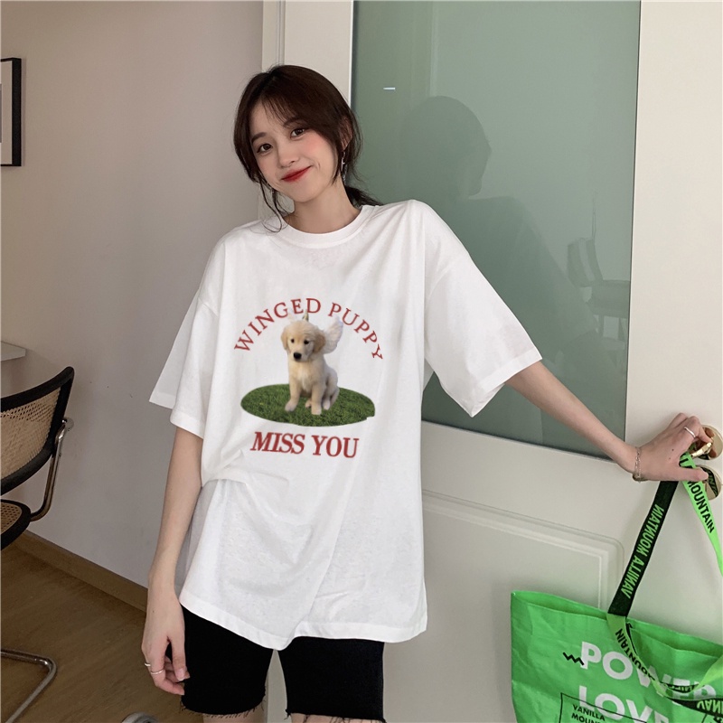 XIAOZHAINV Kaos Atasan Wanita Miss You Dog Pattern Lengan Pendek A0321