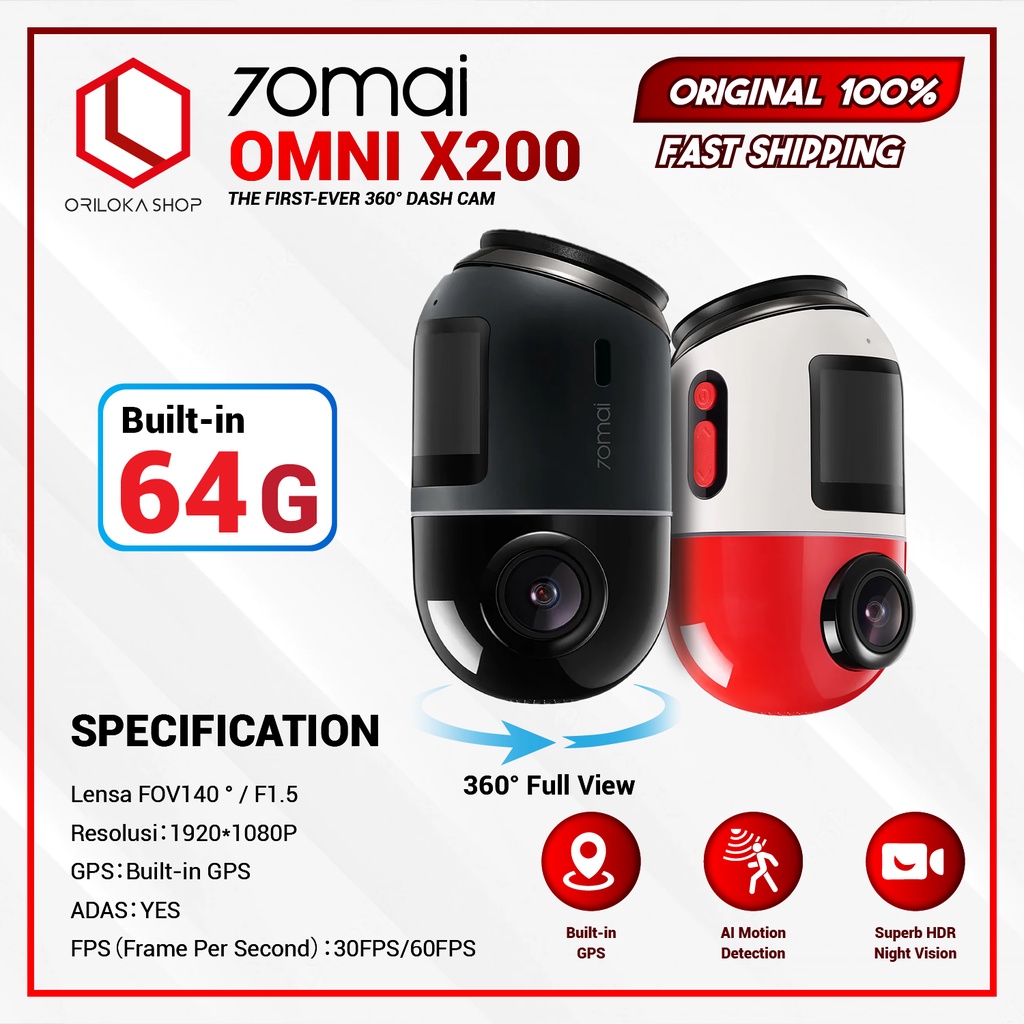 70mai Dash Cam Omni X200 360° Full View - FOV 140° 4G Connect HD 1080P - Kamera Mobil