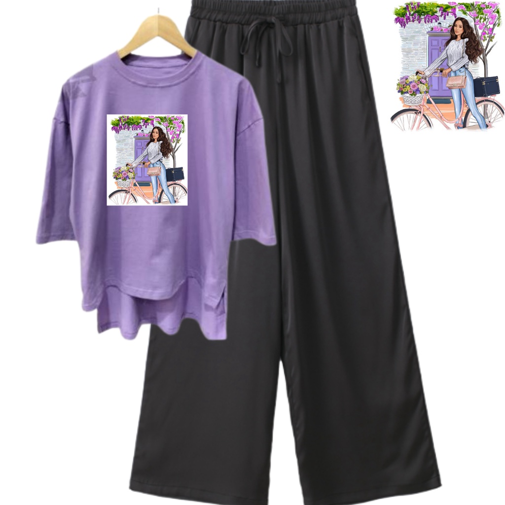 JBF Baju Satu Set Untuk Remaja Perempuan Kaos Tunik Plus Celana Kulot Pose Dengan Sepeda