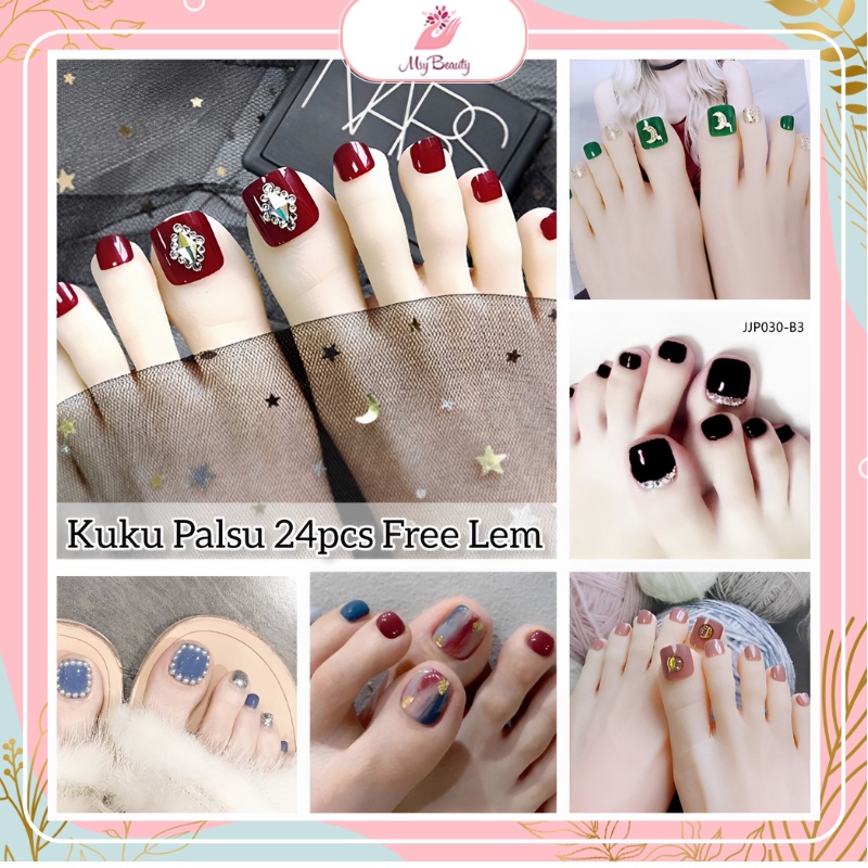 MSY Kuku Kaki palsu 24/pcs set Fake Nails Fashion Acylic Nail Design Eropa free lem 2gr