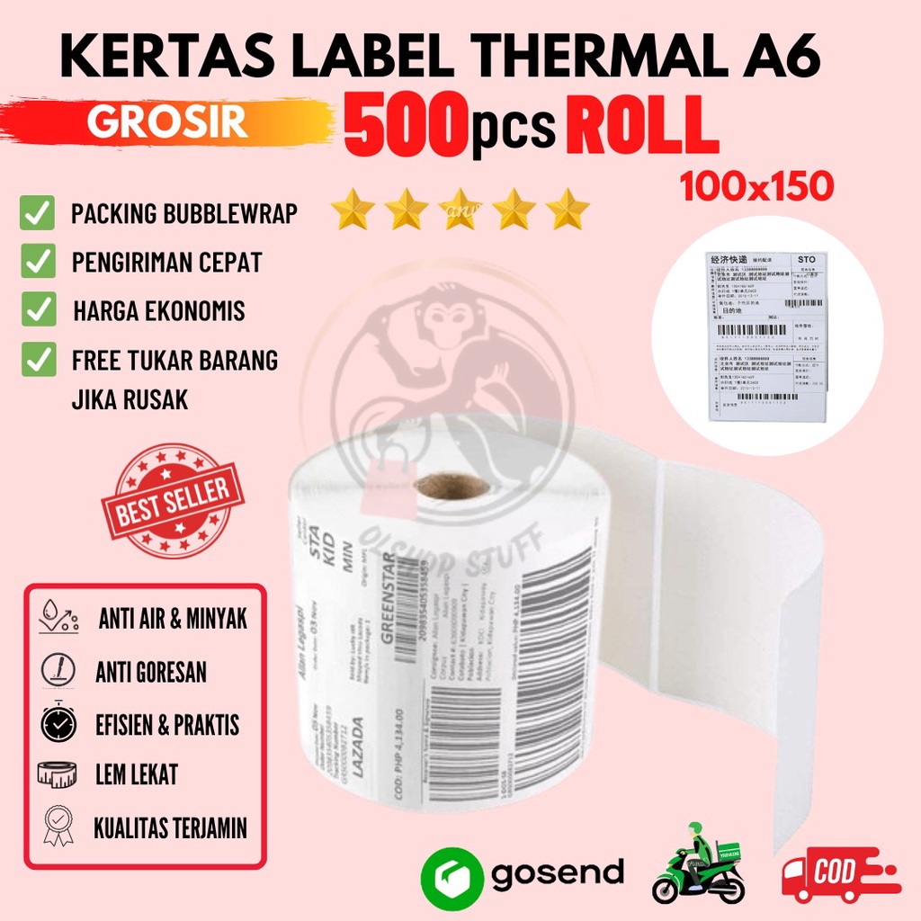 

Kertas Label Thermal 100x150 500 Roll Sticker Barcode Ukuran A6