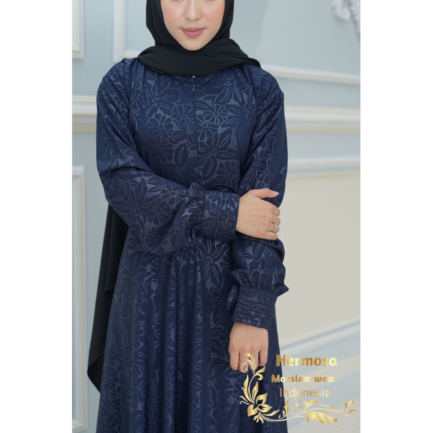 (Hermosa)Gamis embos hermosa motif bunga lily navy biru dongker-gamis wolfis embos motif bunga lily