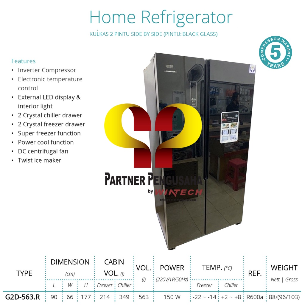 GEA G2D-563 Kulkas Side By Side Inverter Lemari Es - Kulkas 2 Pintu