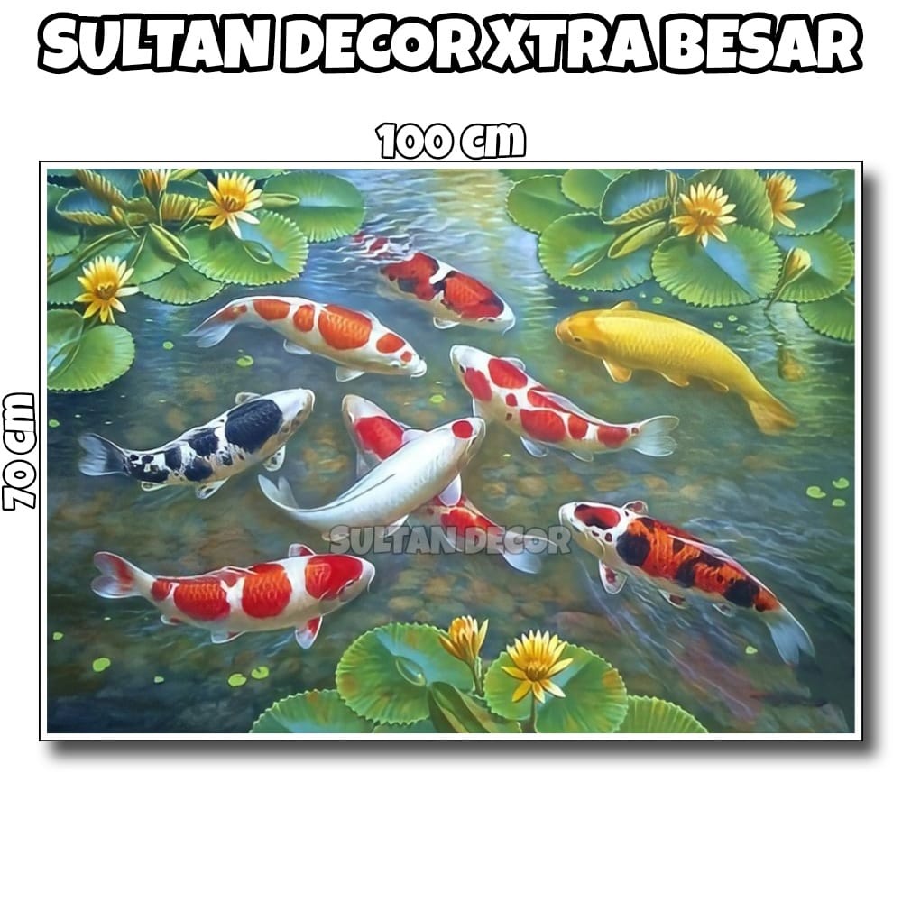 LUKISAN POSTER CETAK IKAN KOI 9 FENGSHUI 3D XTRA BESAR UKURAN 100X50CM 100X70CM 150X100CM 200X100CM 