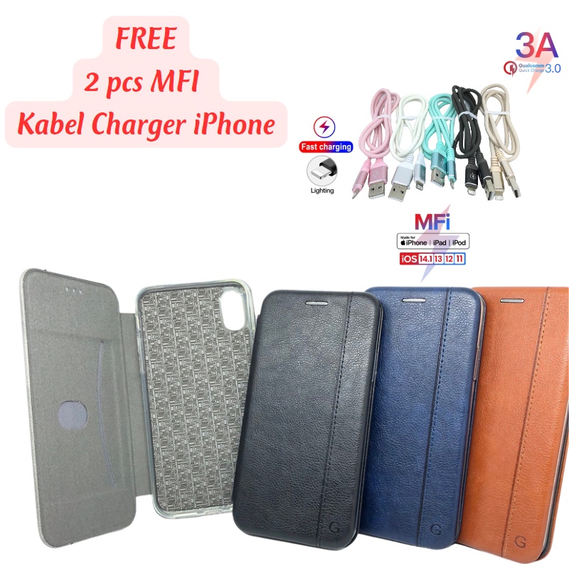 Case iPhone X Xs Flip Cover Leather Stand Soft Silikon Casing Wallet Magnetic Free 2pcs Kabel Charger Lightning