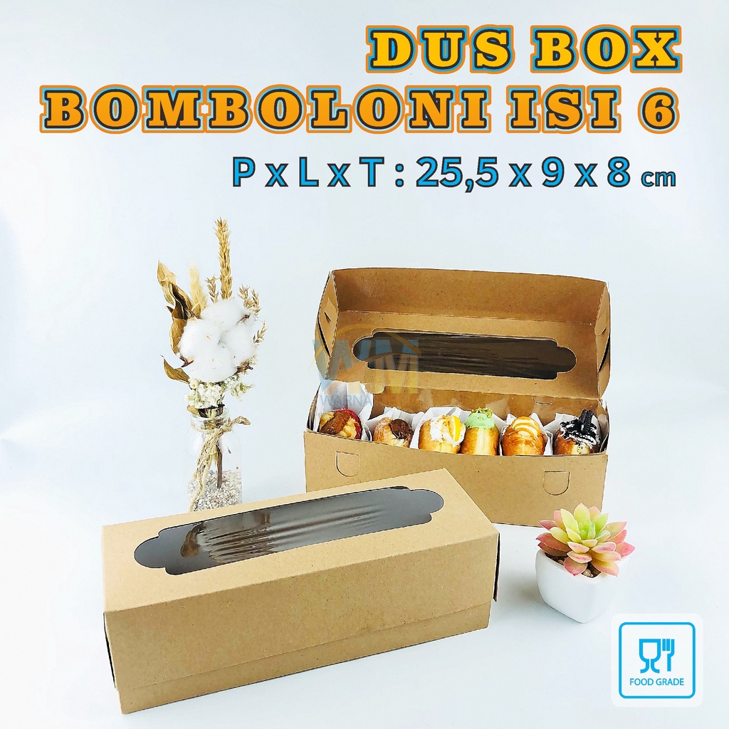 Dus Box Bomboloni isi 6 / Kotak Bomboloni Donat Laminasi / Dus Donat Bomboloni Kraft Food Grade / Kemasan Bomboloni Isi 6