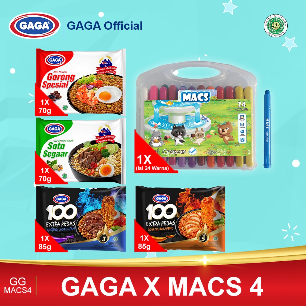 

GAGA 100 Extra Pedas Goreng, GAGA Mie Goreng Spesial, GAGA Mie Soto Spesial & MACS Gel Crayon Isi 24 Warna (GAGA X MACS 4)