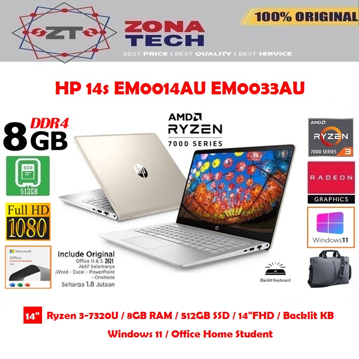 HP 14 EM0032AU - RYZEN 3-7320U 8GB 512GB SSD BACKLIT KB 14&quot;FHD WIN11 OHS