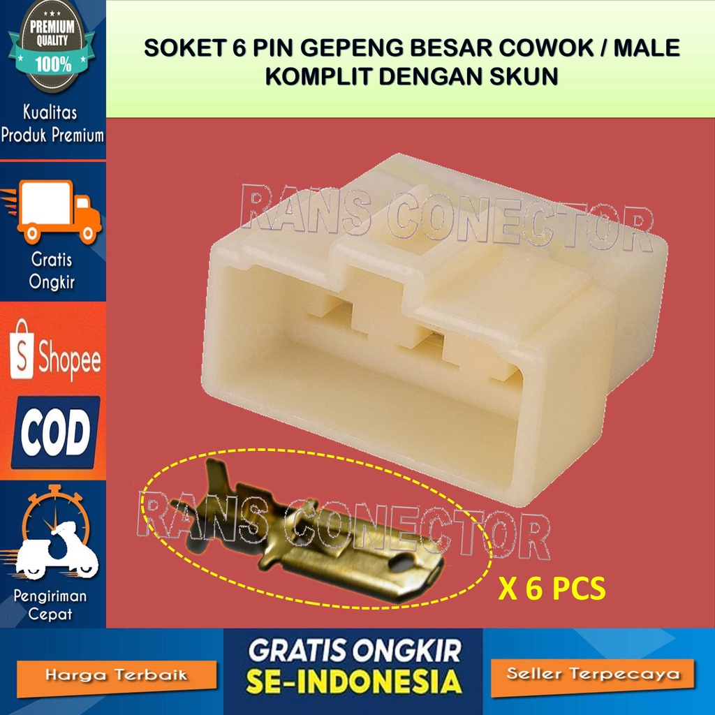 SOKET 6 PIN MALE BESAR - Soket Kabel 6 Pin Besar Cowok  Komplit Skun Bahan Nylon Tahan Panas