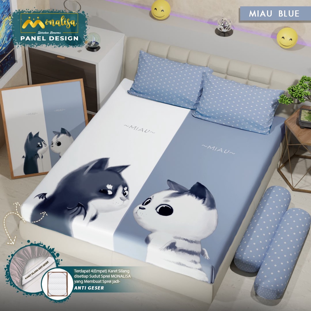 SPREI MONALISA PANEL MIAU BLUE KING 180X200, Queen 160x200 dan single 120x200