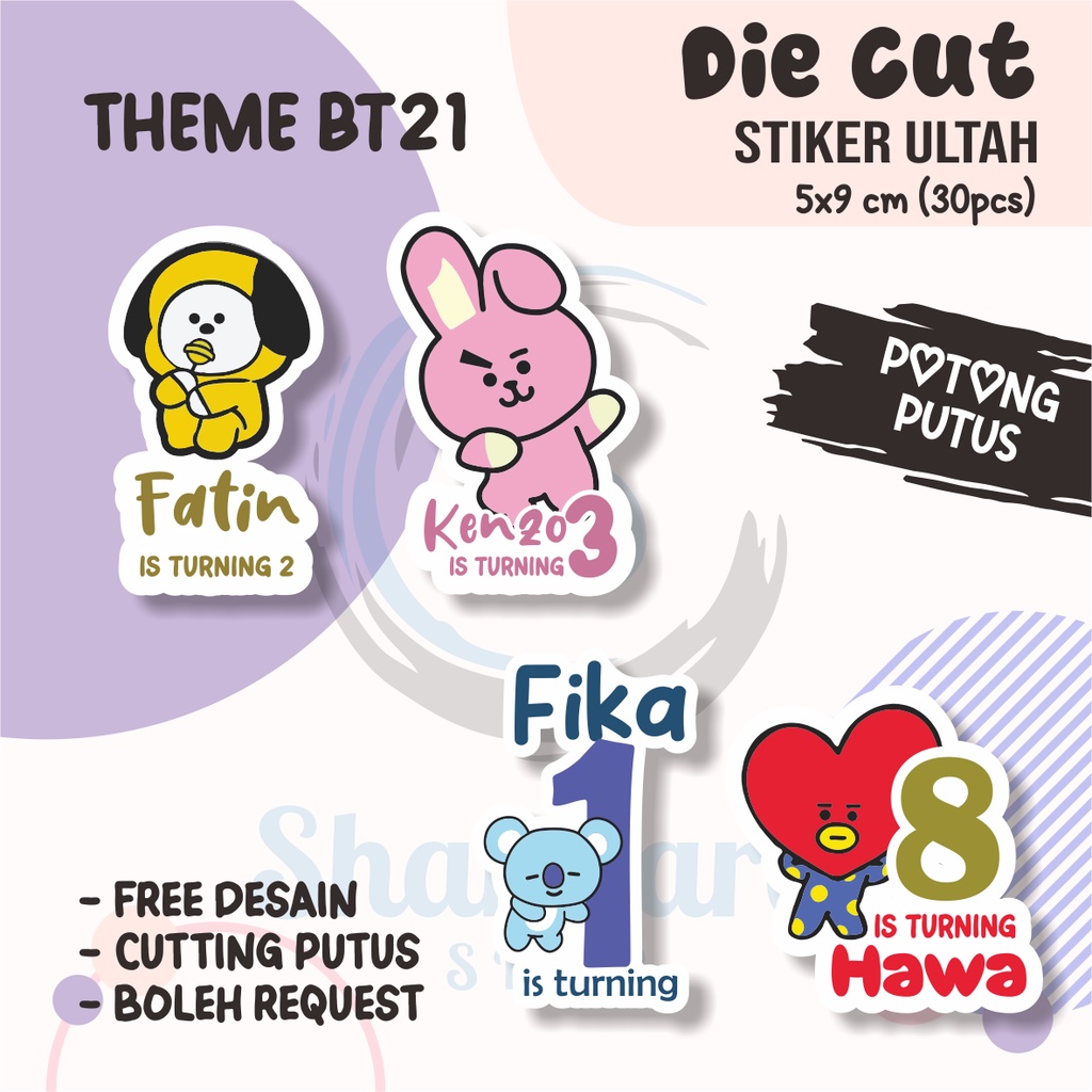 

( 30 PCS ) Stiker Ulang Tahun Anak THEME BT21 / Stiker Ulang Tahun DIE CUT / Stiker Ulang Tahun Custom / Stiker Ultah Waterproff