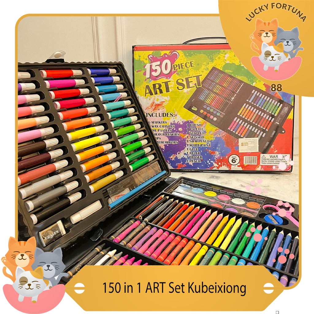 

[LuckyFortuna88] 150 in 1 Art set Merk Kubeixiong 1set alat menggambar 1 Set Pensil Warna 1 set cat air 1 set 1 Set Kuas cat minyak 1 set perlengkapan menggambar