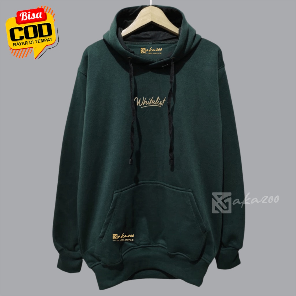 hoodie distro pria original bahan flece Sablon whitelist Warna Hijau sweater oversize pria xxl ziper hoodie korea style akazoo.id