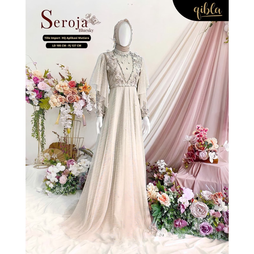 Seroja Dress Brukat Tille PREMIUM Dress Kondangan Muslim Wanita Remaja Terbaru Ld 100CM Nauren Maxy Bunga Veronica Brokat Gaun Pesta Muslimah Cantik Seragaman Baju Lebaran Kekinian Murah Grosir Konveksi Warna Sage Green Latte Brown Lavender Grey Toska