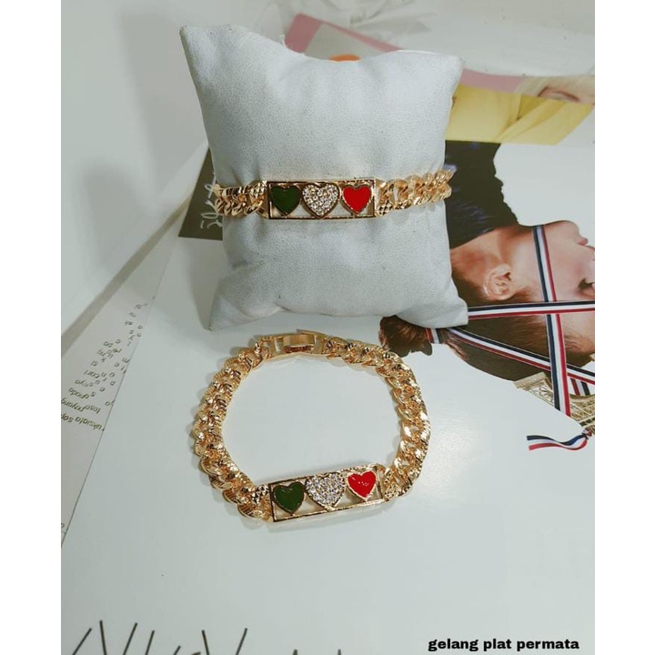 GELANG TANGAN PLAT PERMATA DEWASA PERHIASAN IMITASI LAPIS EMAS