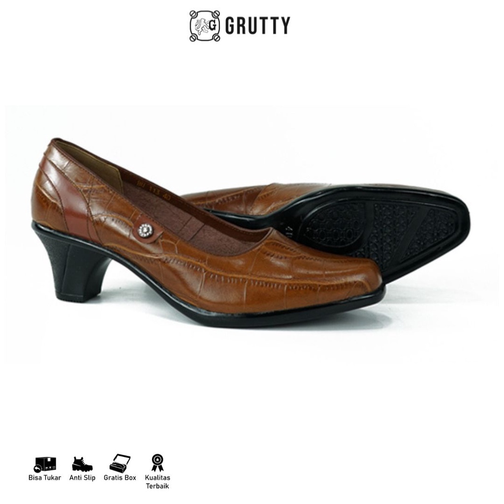 Sepatu wanita pantofel kerja heels kulit Grutty JMS113 TAN