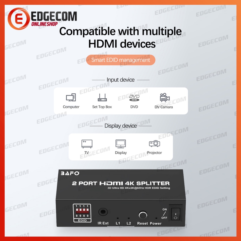 BAFO HDMI Splitter 2 Port support 4K UHD. 1 input to 2 output