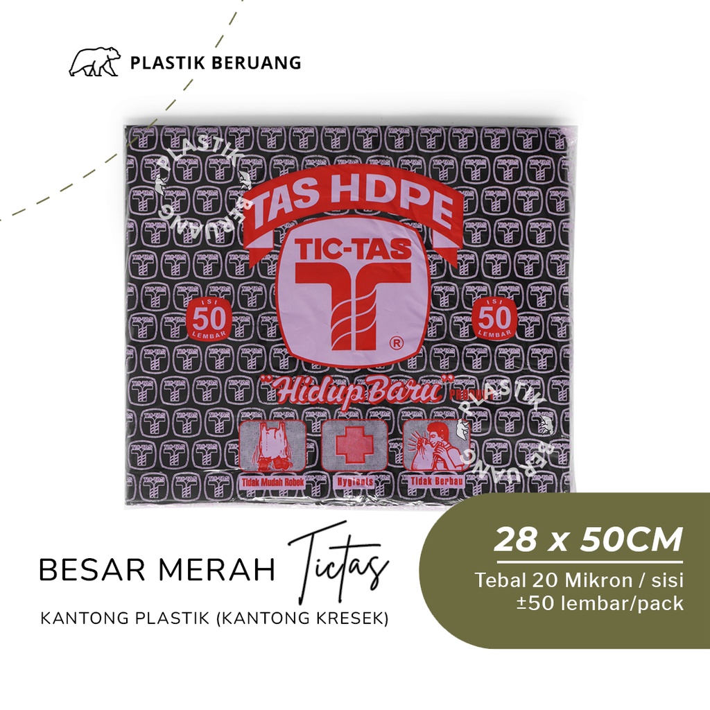 Kantong Plastik Tictas Besar 28x50 Tebal 20 Micron Merah Isi 50 Tas Kresek Nasi Kotak Hitam Putih