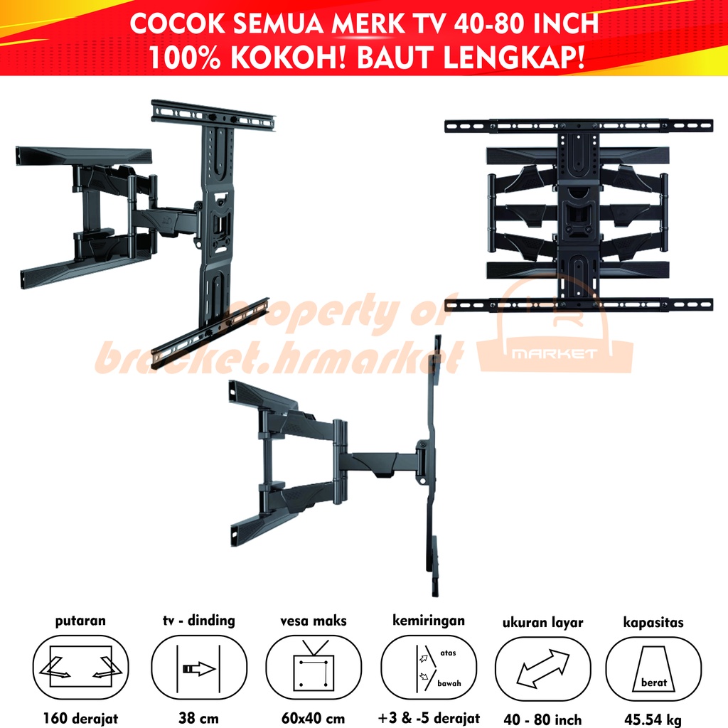 Bracket TV 55 43 50 32 40 60 55 70 42 49 75 80 Inch Dijamin Cocok LED LCD Plasma 32 - 80 In 6 Arah Universal Breket TV Briket TV Braket TV Gantungan TV Tembok Tempelan TV Dinding HR1 North Bayou P5 P6