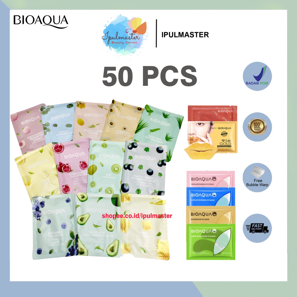 50PCS PAKET USAHA BIOAQUA Sheet Mask Vegetables and Fruits Series Eye Mask Lip Mask BPOM