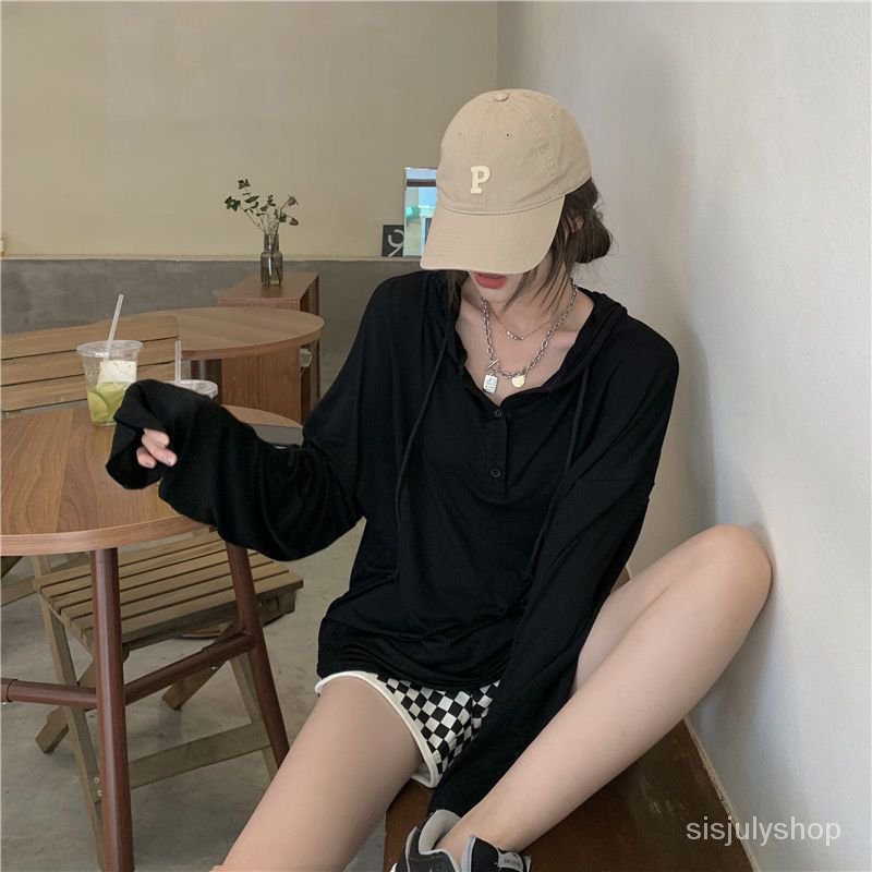 Musim semi dan musim gugur kancing v-neck kaos lengan panjang baru di bagian panjang pakaian wanita