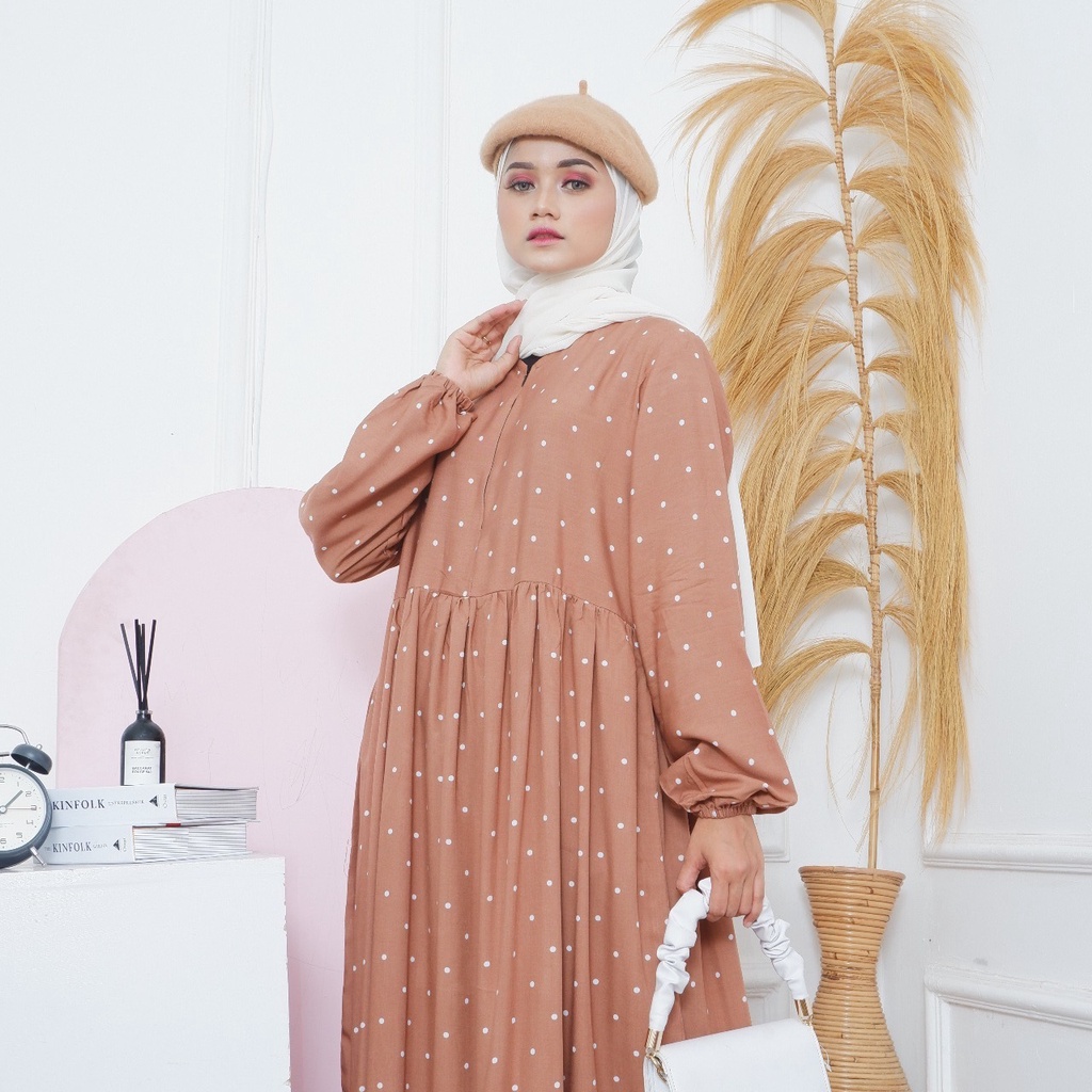 Midi Dress Motif Polkadot Bahan Katun Rayon Lebaran 2023