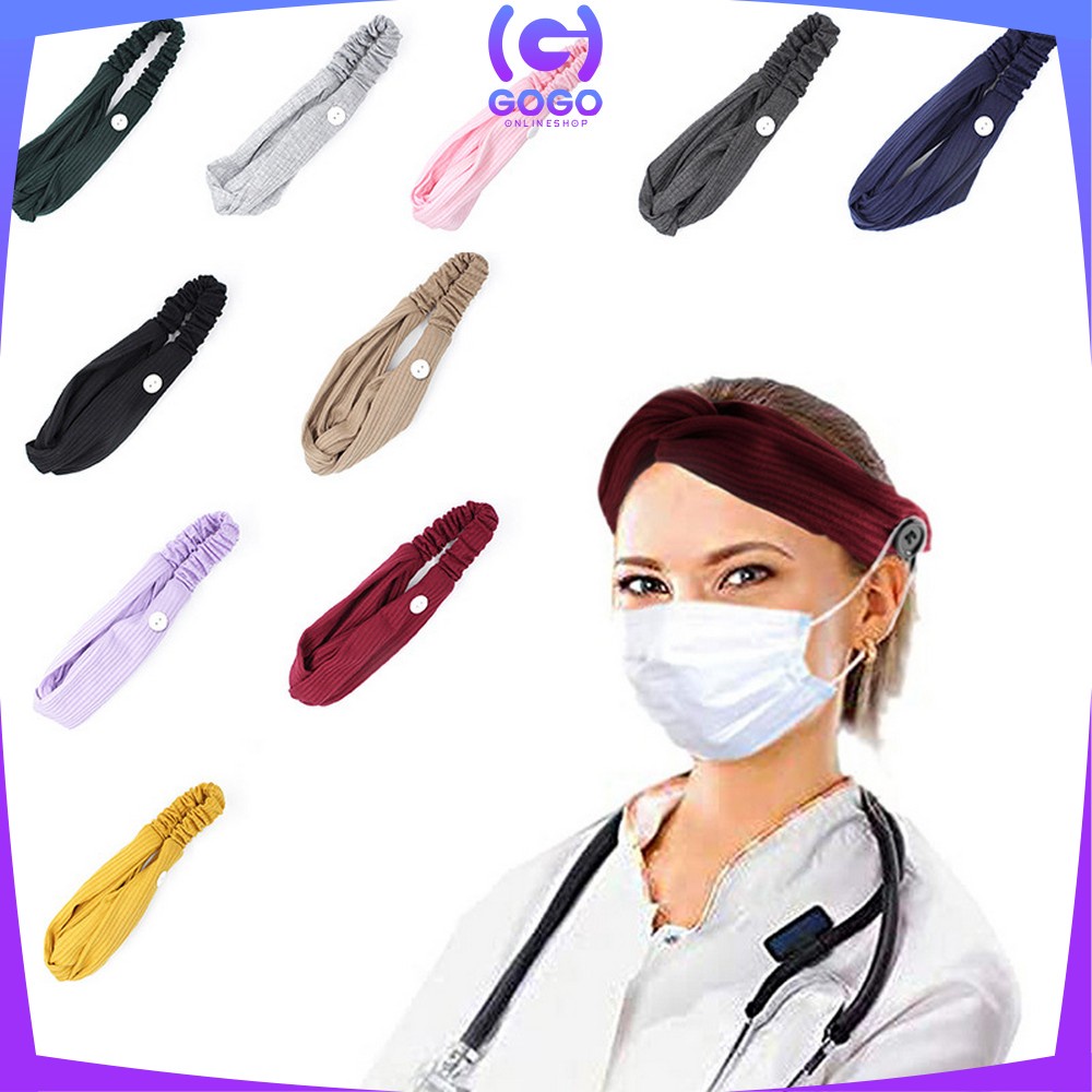 GOGO-C63 Bando Korea Wanita Motif Garis Salur Karet Elastis Dengan Kancing Pengait Masker / Headband Bendo Aksesoris Rambut Fashion Wanita Import