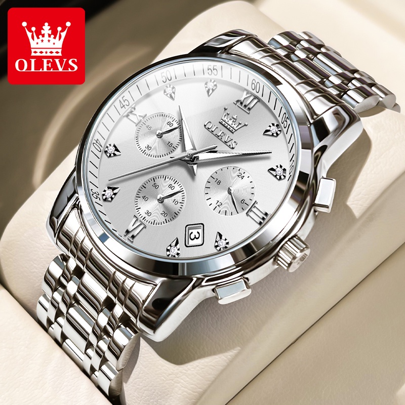 OLEVS Jam Tangan Pria Anti Air Original Stainless Steel Chrono Aktif Cowok Luminous Kalender Analog Men Watch Mode 2858-Perak