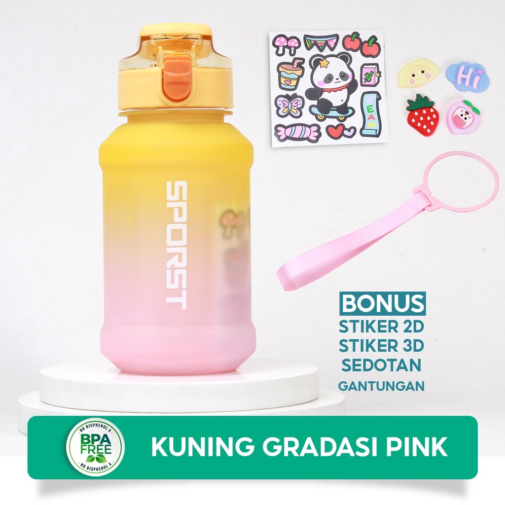 Botol Minum Gradasi Sports 1000ML Free Stiker 2D+3D BPA FREE Drink Bottle Olahraga Anti Tumpah Botol Air Minum Motivasi 1liter Bahan Plastic Anti Pecah Gratis Sticker Dan Tali