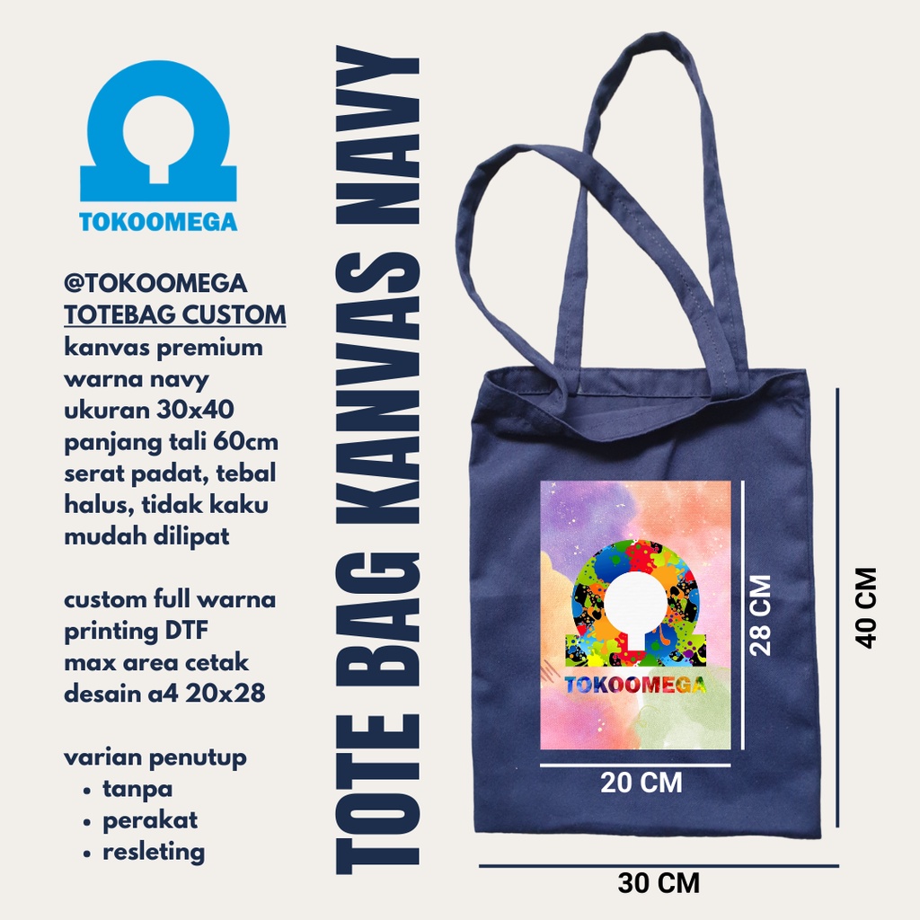 Totebag Custom Canvas Navy Cocok Untuk Kuliah Wanita Dan Pria, Tote Bag Resleting Kanvas Tebal Tas Tote Bag Polos 30x40