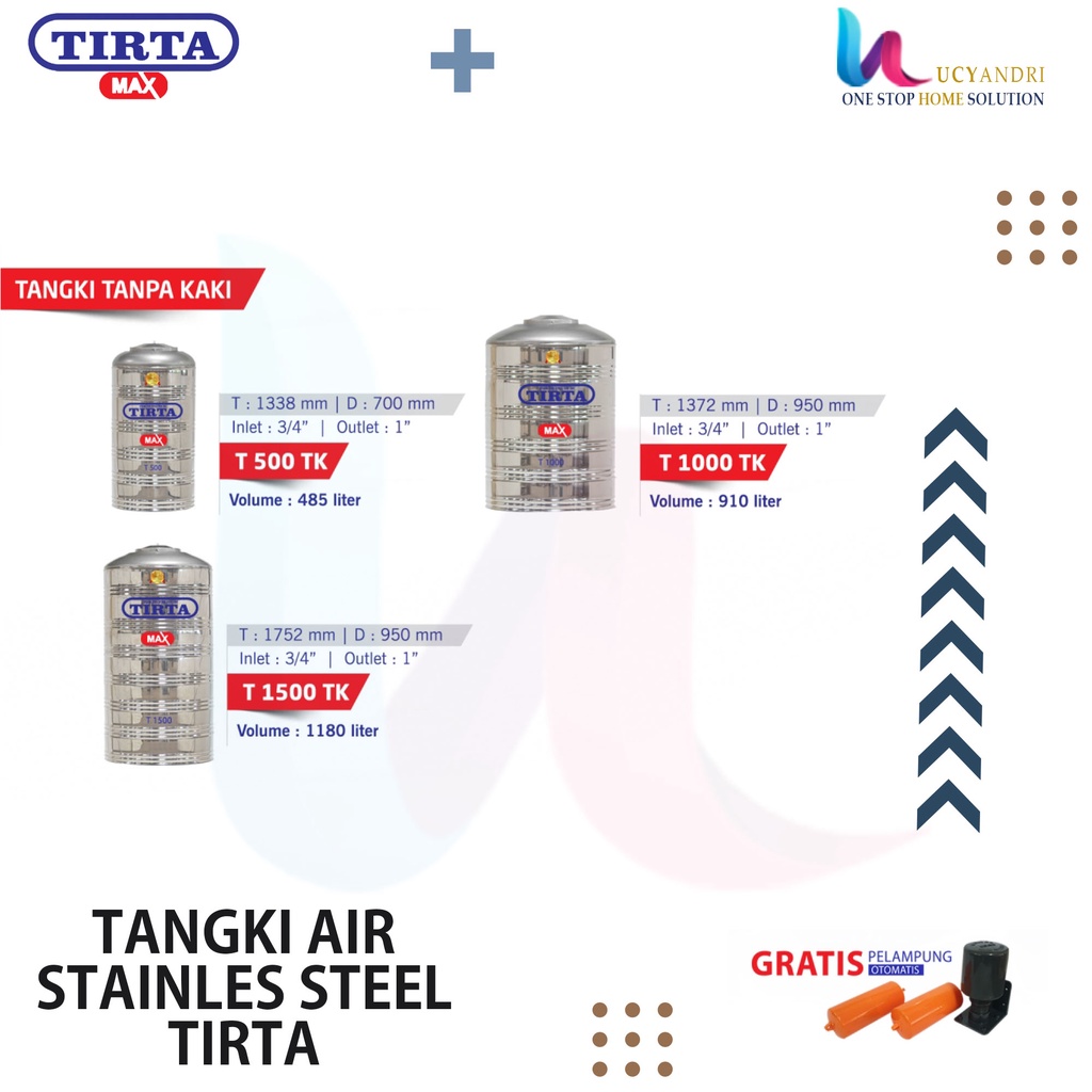 Tangki Air Stainless Steel Tirta T 1000 TK Datar Tandon Toren Air Original