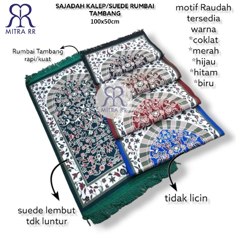 Sajadah Suede Tanggung Rumbai Tambang 100 x 50cm | Sajadah Midi Bahan Kalep Motif Kiswah Fantasy