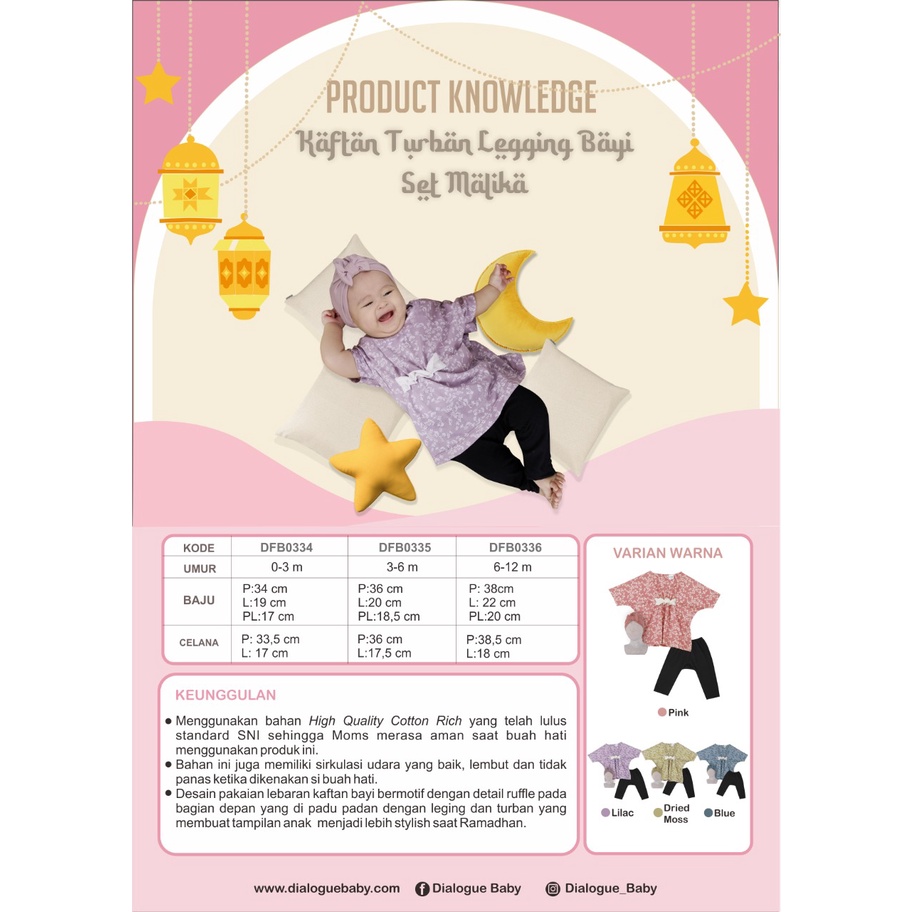 Dialogue Baby Baju Bayi Muslim Kaftan Turban Legging Bayi Set Malika - Baju Bayi Muslim Set 0-12 Bulan - DFB0334 DFB0335 DFB0336