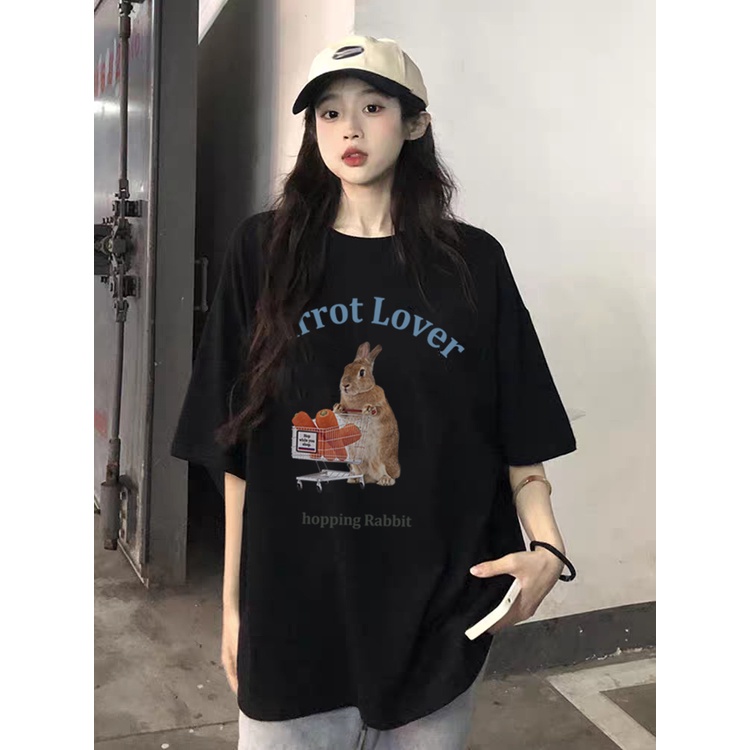 100% Katun Kaos Vintage Hitam Atasan Wanita Lengan Pendek Oversize Cute Rabbit Printed T-shirt Baju Wanita Kekinian Korean Style