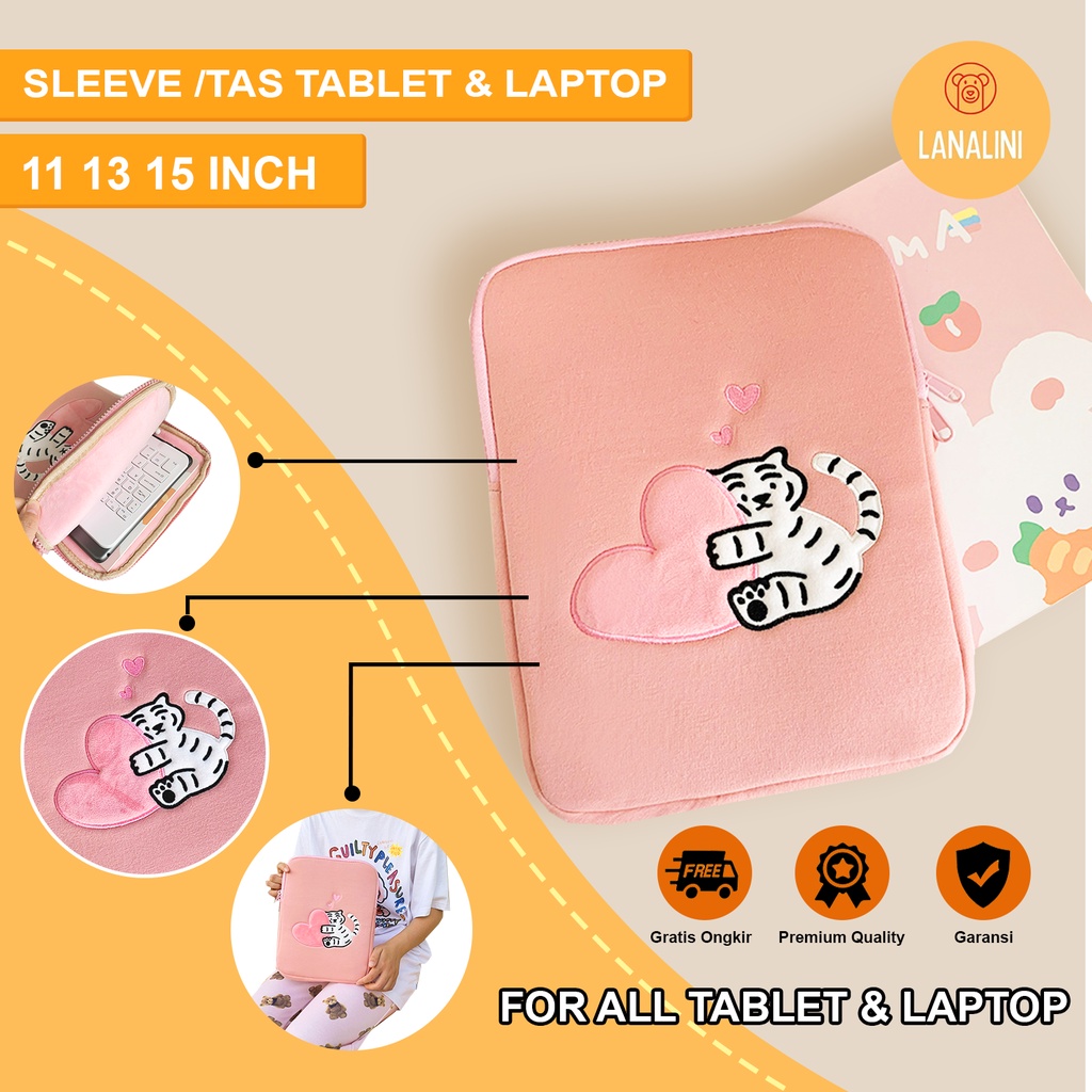 Sleeve Pouch Sarung Tas Bag Case Ipad Tab Tablet Macbook Air Pro Laptop Asus Acer Lenovo HP Huawei 11 12 13 14 15 inch Motif Gambar Harimau Tiger Warna Pink Lucu Cute Murah Korean Model