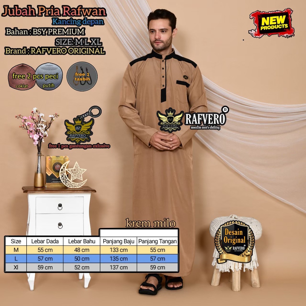 Jubah Pria Jubah Rafwan Gamis Pria Lengan Panjang Motif Kancing Depan (M L XL) Pakaian Muslim Pria B