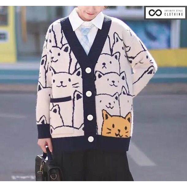 SWEATER CARDIGAN WANITA MOCHA CAT OUTER ALA KOREAN PAKAIN FASHION KASUAL CUTE MODEL