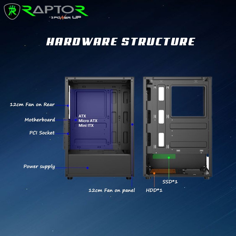 Power Up Casing Gaming Raptor 1615 Mid Tower ATX With Led Strip Effect RGB Tempered Glass