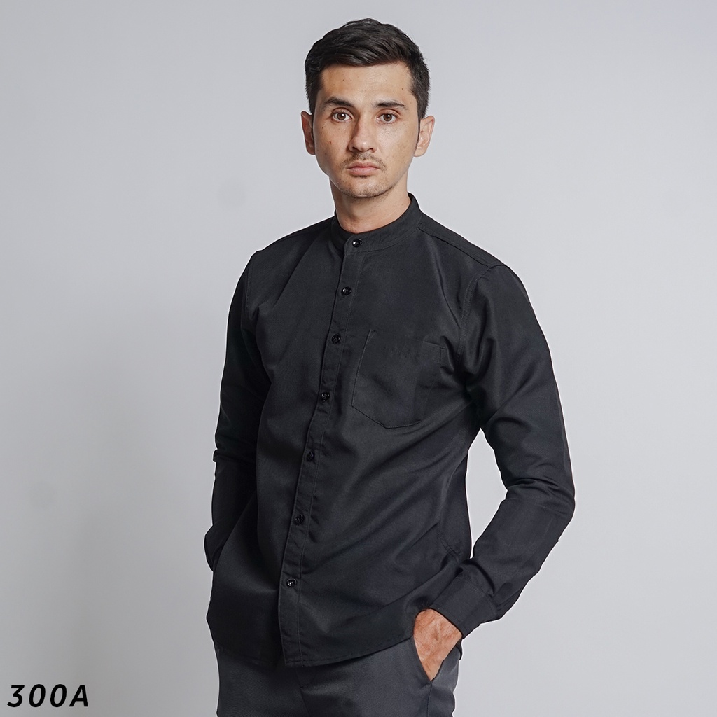 HSRM Kemeja Hitam Polos Kerah Shanghai Pria Lengan Panjang OX Shirt 300 A