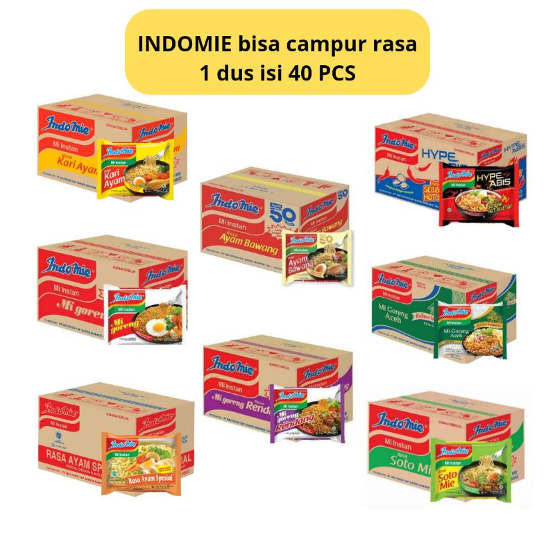 

INDOMIE 1 dus isi (40 pcs) bisa campur rasa, goreng, karie, soto, ayam bawang, ayam spesial, rendang, hype abis seblak jeletot, mie aceh
